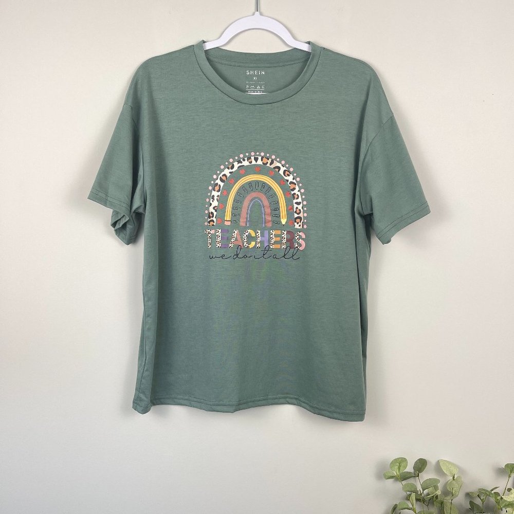 SHEIN Teachers Graphic Tee, Short Sleeve Green Teacher T-Shirt, Women's XL